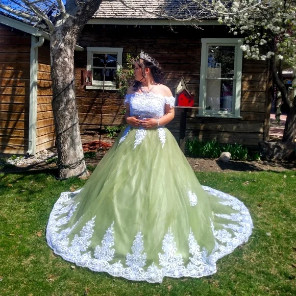 green emerald velvet dress Long Off Shoulder Quinceanera Mesh Ball Gown main image 1